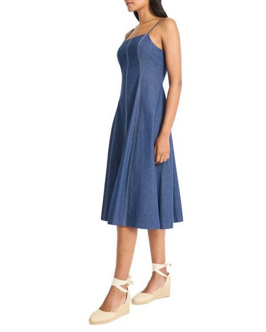Maggy London Blue Topstitch Sleeveless Chambray Midi Dress