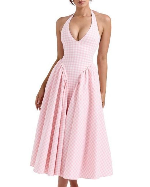 House Of Cb Pink Marilyn Gingham Halter Midi Sundress