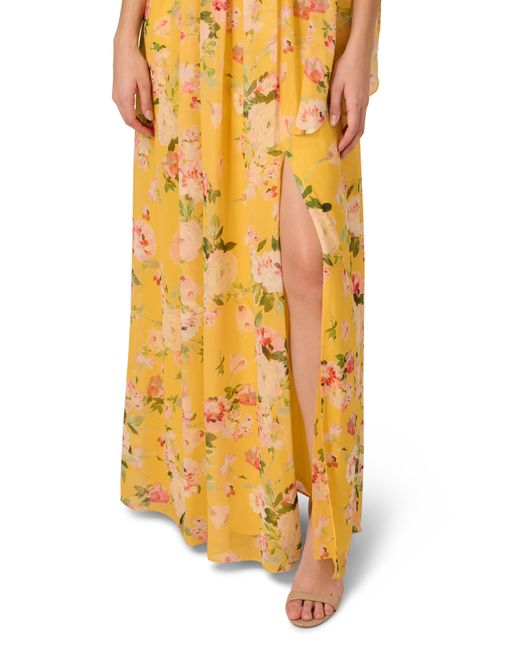 Adrianna Papell Metallic Floral One-shoulder Chiffon Gown