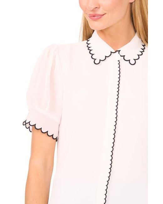 Cece Blue Scallop Trim Puff Sleeve Button-Up Shirt