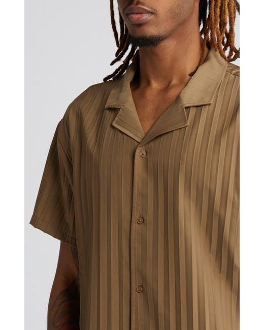 Native Youth Brown Tonal Stripe Boxy Camp Shirt for men