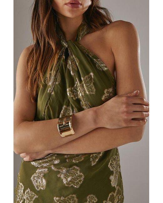 Warehouse Green Metallic Chiffon Wrap Front Midi Dress