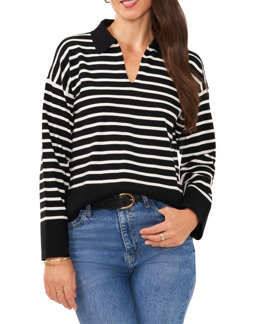 Vince Camuto Black Wide Stripe Polo Collar Long Sleeve Sweater
