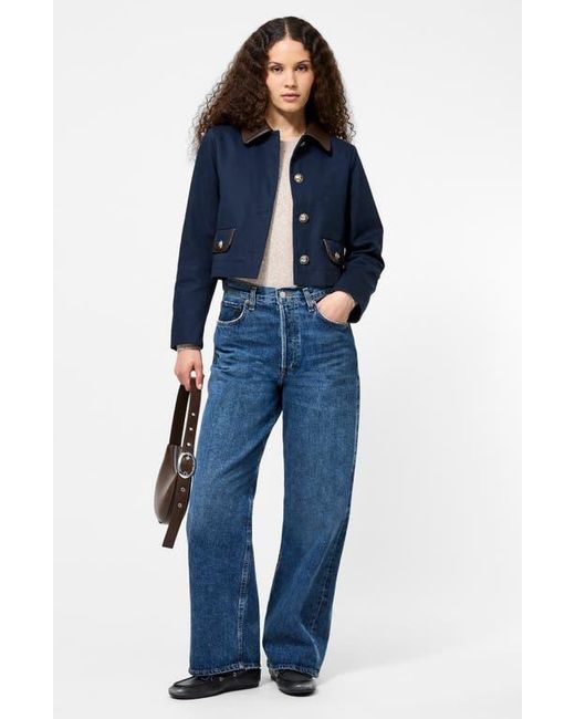 French Connection Blue Denim Jacket With Faux Leather Trim