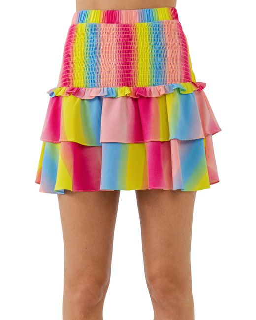Endless Rose Blue Smocked Rainbow Stripe Miniskirt