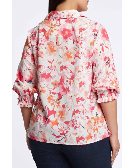 Foxcroft Red Alexis Floral Smocked Sleeve Cotton Popover Top