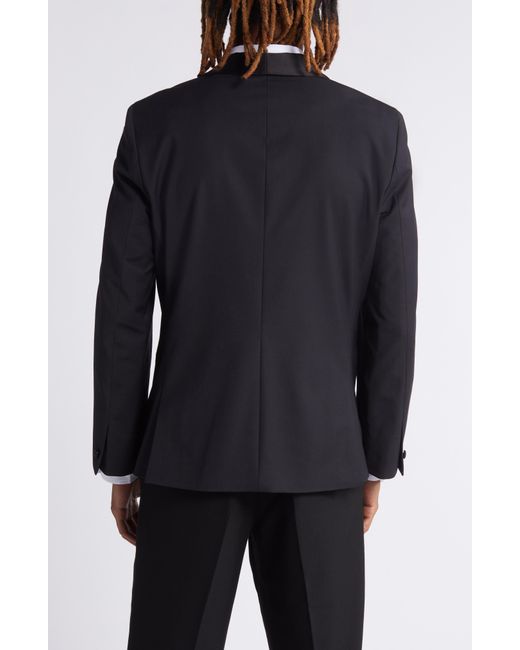 Open Edit Black Shawl Collar Stretch Wool Blend Tuxedo Jacket for men