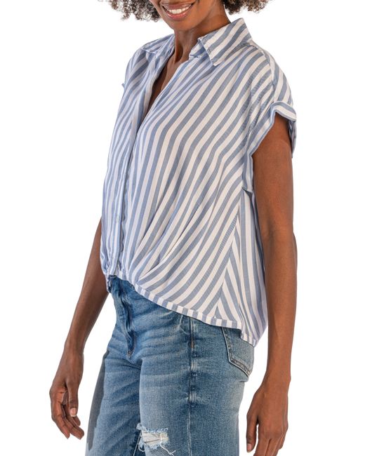 Kut From The Kloth Blue Gaia Pleat Hem Short Sleeve Button-up Top