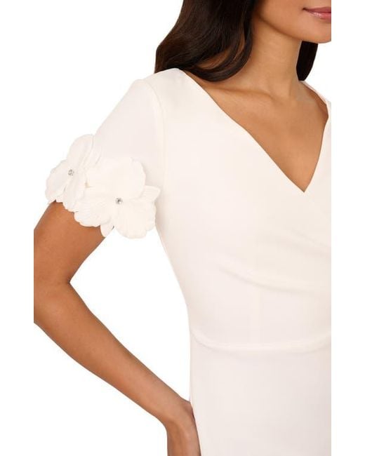 Adrianna Papell White 3D Flower Cuff Crepe Faux Wrap Dress