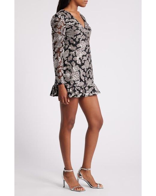 Dress the Population Black Kelsey Sequin Floral Long Sleeve Minidress