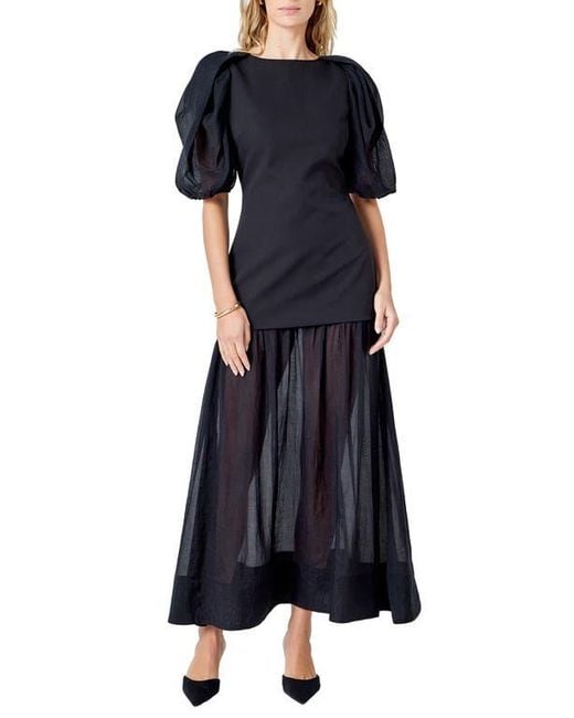 Endless Rose Drop Waist Puff Sleeve Maxi Dress in Blue