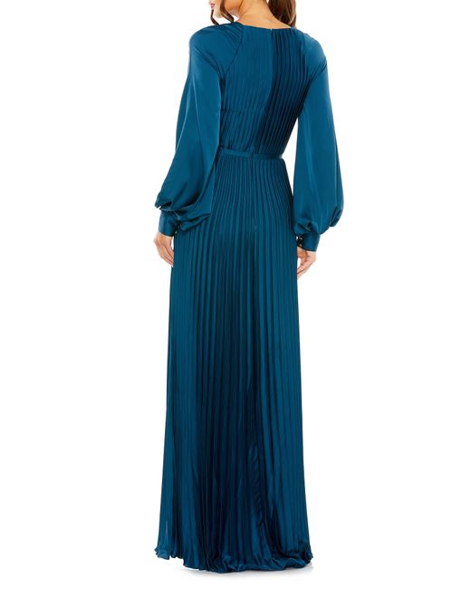 Ieena for Mac Duggal Blue Pleated Long Sleeve Satin A-line Gown