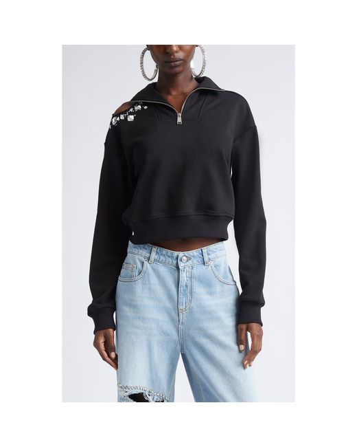 Area Black Crystal Cluster Cutout Quarter Zip Sweatshirt