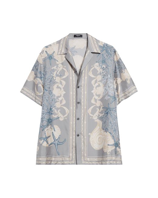 Versace Gray Baroque Seascape Silk Camp Shirt for men