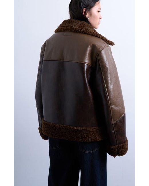 TOPSHOP Brown Faux Shearling & Faux Leather Patchwork Jacket