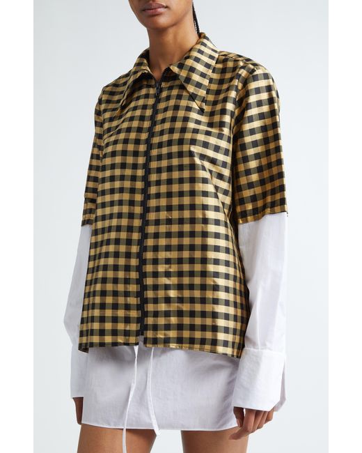 Coming of Age Multicolor Gingham Layered Look Silk Zip-up Shirt
