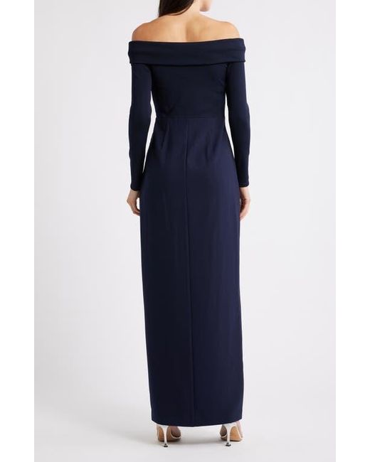 Ralph Lauren Blue Off The Shoulder Long Sleeve Rib & Crepe Gown
