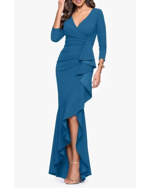 Betsy & Adam Blue Ruffle Scuba Crepe Faux Wrap High-Low Mermaid Gown