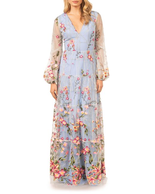 Dress the Population Lyra Floral Embroidery Long Sleeve Tulle Gown | Lyst