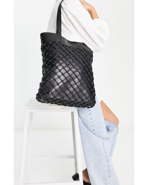 TOPSHOP Tina Woven Faux Leather Tote Bag in Black | Lyst