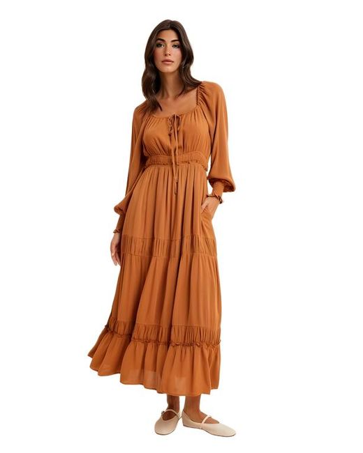 Knit Lounge Women's Brown Tiered Smocked Waist Long Sleeve Maxi