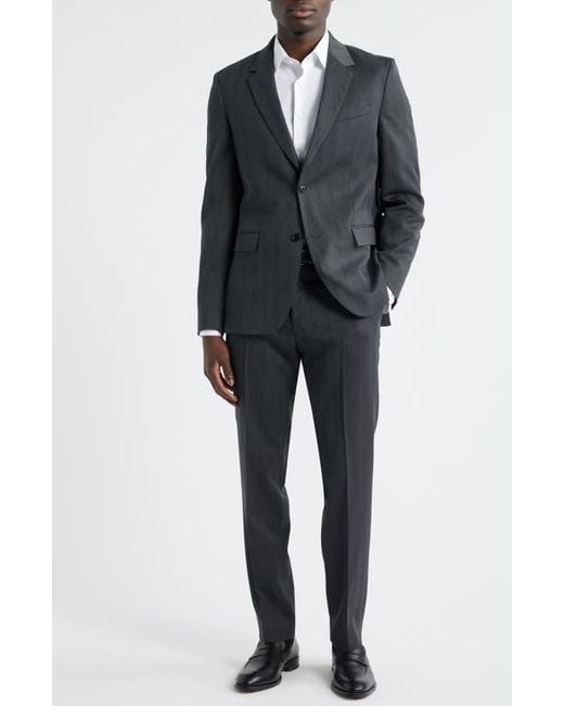 Boss Gray Houston Slim Fit Charcoal Wool Blend Herringbone Suit for men