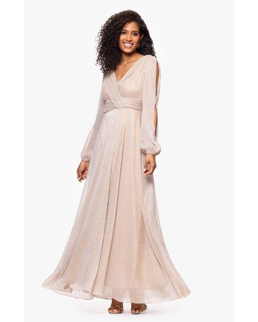 Betsy & Adam Multicolor Metallic Crinkle Long Sleeve A-Line Gown
