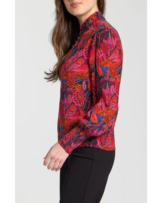 Apny Red Puff Shoulder Button Front Top