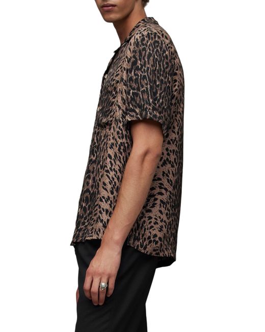 AllSaints Black Leoza Leopard Print Short Sleeve Button-up Camp Shirt for men