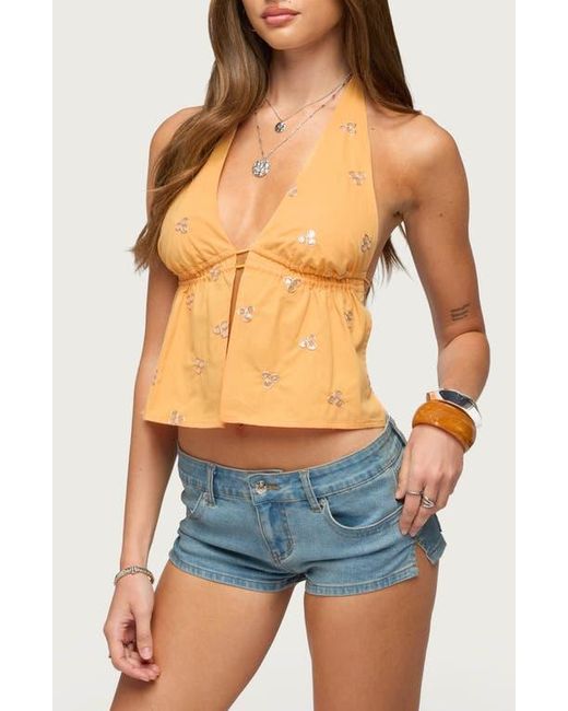 Edikted Blue Cherra Sequin Split Front Halter Top