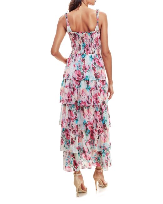 Socialite Red Floral Smocked Tie Strap Maxi Cocktail Dress