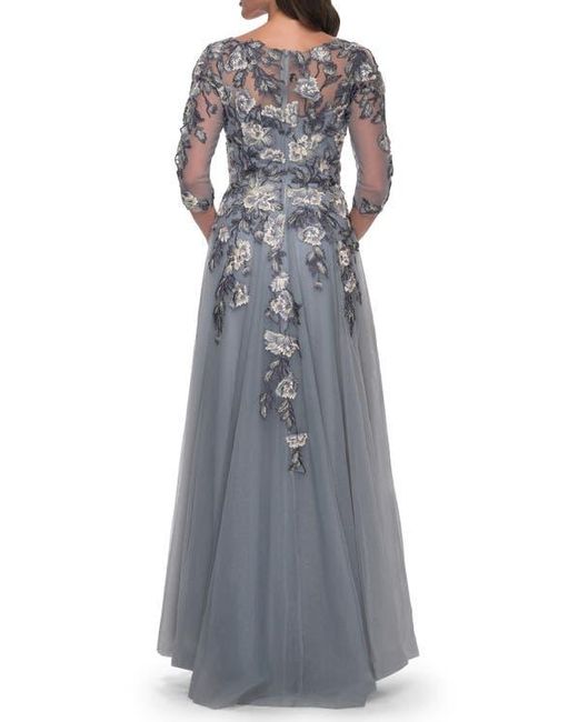 La Femme Gray Tulle A-Line Gown With Beautiful Lace Applique And Sheer Sleeves