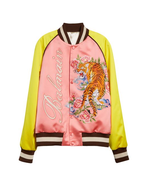 Balmain Pink Embroidered Tiger Colorblock Bomber Jacket for men