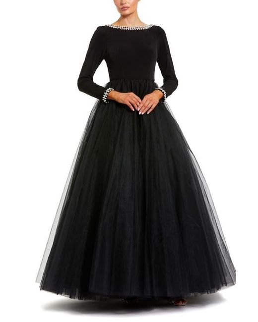 Mac Duggal Black Embellished Jersey Long Sleeve Ballgown With Tulle Skirt