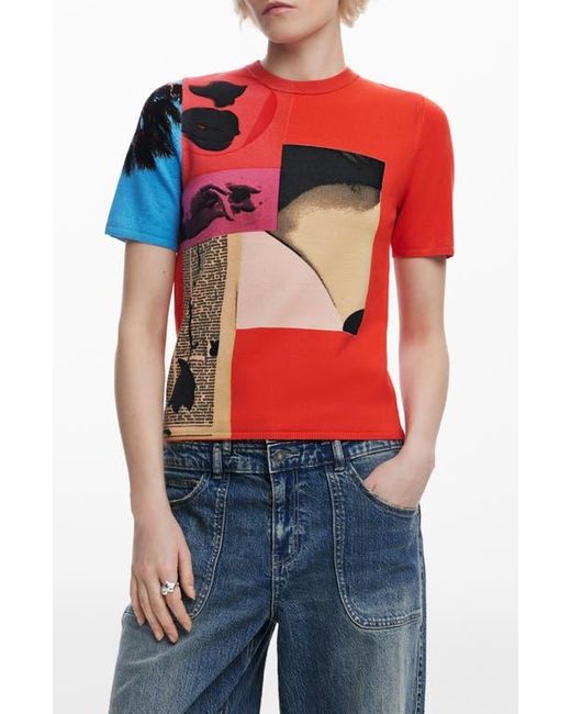 Desigual Red Collage Print Short Sleeve Knit Top