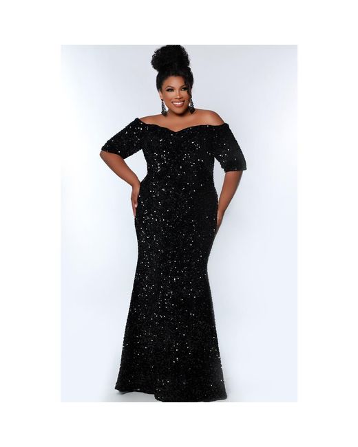 Johnathan Kayne for Sydneys Closet Women's Black Velvet Sequin Short Sleeve Plus Size Evening Gown