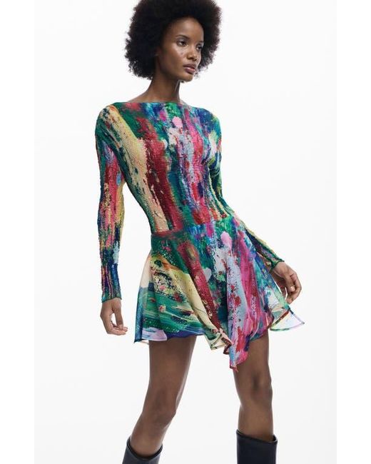 Desigual Smocked Long Sleeve Handkerchief Hem Dress in Blue | Lyst Desigual Smocked Long Sleeve Handkerchief Hem Dress in Blue | Lyst