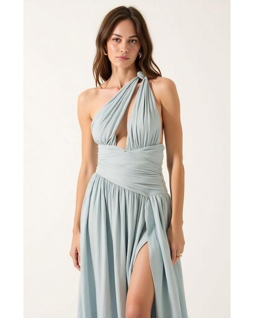 Modenaire Blue Pleated One-Shoulder Gown With Cutout Waist And Thigh Slit