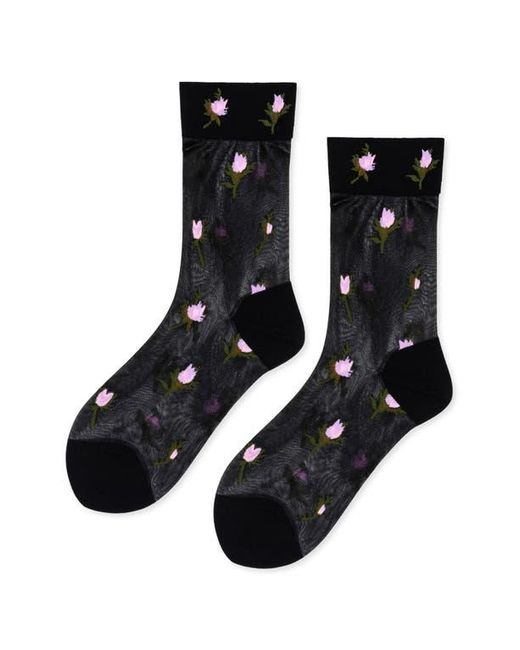 Hansel From Basel Black Rosebud Sheer Crew Socks