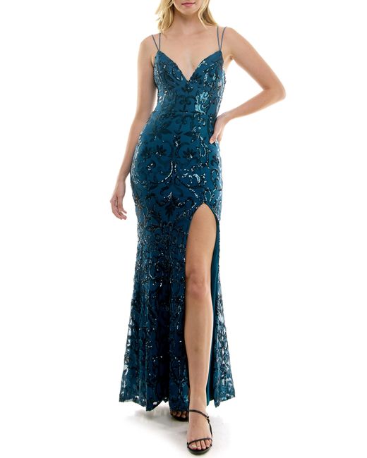 Speechless Blue Sequin Lace-up Back Gown