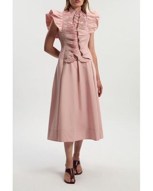Karen Millen Pink Pleated Ruffle Sleeve Woven Midi Dress