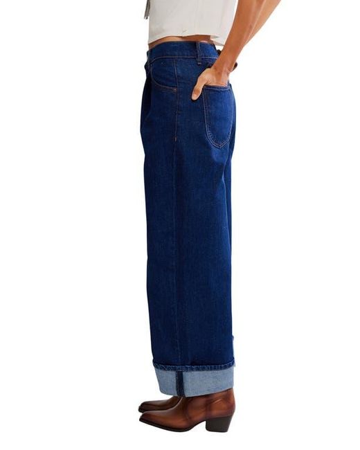 Free People Blue Alia Cuffed High Waist Wide Leg Jeans