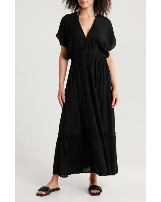 Elan Black Tiered Ruffle Maxi Cover-up Dress