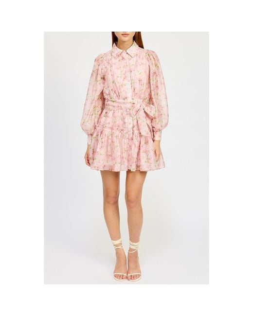 En Saison Pink Josette Floral Long Sleeve Mini Shirtdress