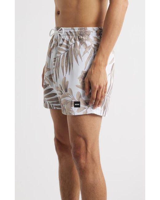 Boss White Piranha Floral Swim Trunks for men