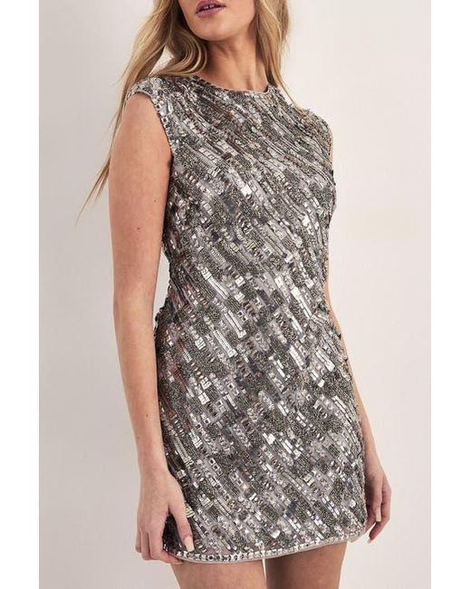 nasty gal lace up dress Women's Taupe Frill Lace Up Puff Sleeve Shift Dress