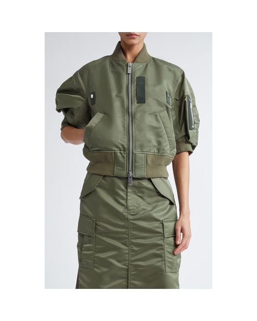 Sacai Short Sleeve Nylon Twill Bomber Jacket in Green | Lyst