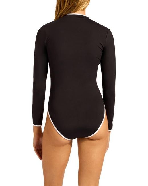 Seafolly Black Contrast Binding Long Sleeve One-Piece Rashguard Swimsuit