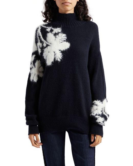 Cinq À Sept Black Sarah Flower Wool Blend Turtleneck Sweater