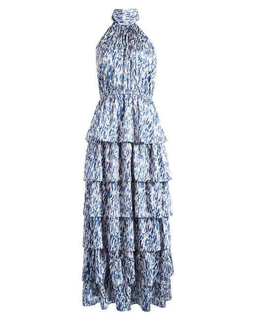 Chelsea28 Blue Printed Tiered Mock Neck Maxi Dress